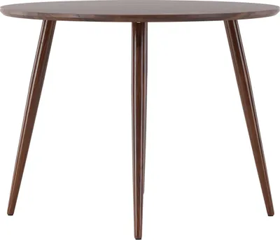A dark brown, round dining table with three tapered legs, photographed from a front-facing angle against a white background.