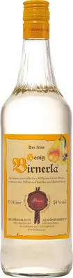 A clear shot of a bottle of Prinz Honig Birnerla.