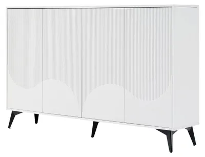 Image de Buffet blanc design vague 4 portes pieds en métal noir 160x35x100cm