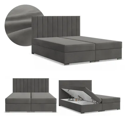 Produktbild von Boxspringbett 140x200 mit 2 Bettkästen Kontinentales Bett Bonell Matratze Polsterbett Doppelbett mit Kopfteil Samtstoff Grau Dunkelgrau AGEN 140 x 200