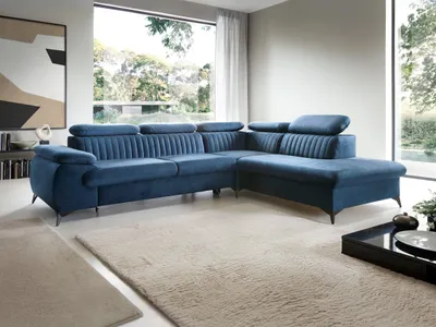 Produktbild von GOLDSTOFF VING Ecksofa mit Schlaffunktion & Bettkasten | Federkern Eckcouch | Schlaffläche 125x210 cm | L-Form mit Kopfstützen (Dunkelblau)