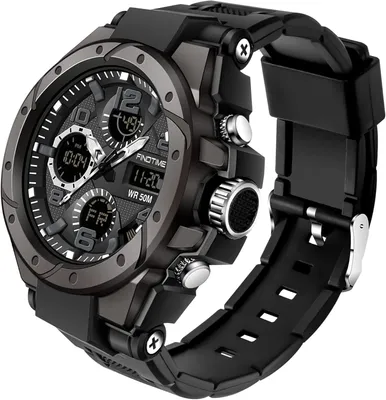 Produktbild von Herren Militär Sportuhr Analog Digital 5ATM Wasserdicht mit Dualzeit, Stoppuhr, Wecker, Kalender, LED Display Schwarz