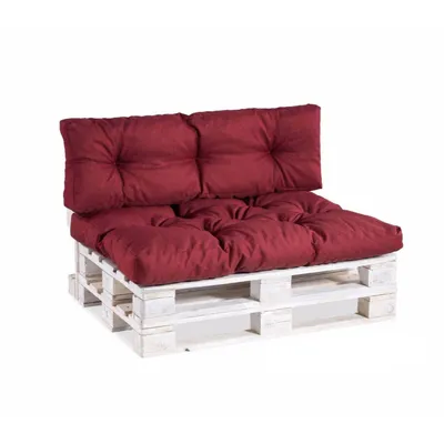 A two-seater sofa made from wooden pallets with burgundy cushions, shown against a white background.
