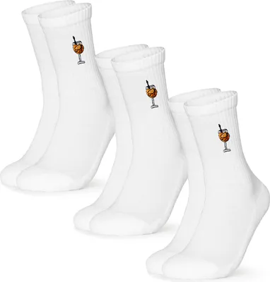 Three pairs of white crew socks with a small embroidered graphic of a cocktail glass on each.
