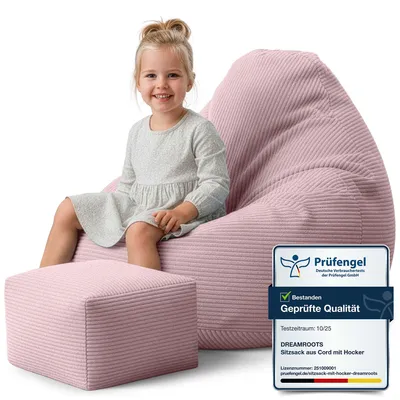 Zdjęcie produktu dla Dreamroots Puf Worek Sako dla dzieci 70x70x70 cm z oparciem i podnóżkiem oraz pokrowcem poduszka podłogowa worek z wypełnieniem Silver Pink