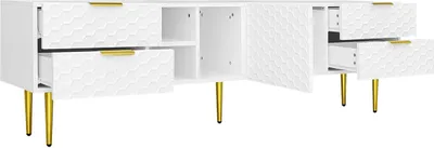 Produktbild von TV-Schrank,lowboard mit strukturierten Türen, TV-Möbel mit Schubladen, offenen Fächern, goldenen Griffen und goldenen Füßen