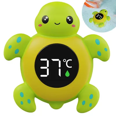 Produktbild von Baby-Badethermometer, Schildkröten-Design, Wasser- & Raumtemperatur, 3-Farb-LED-Sicherheitsanzeige, multifunktional, sicher fürs Baden