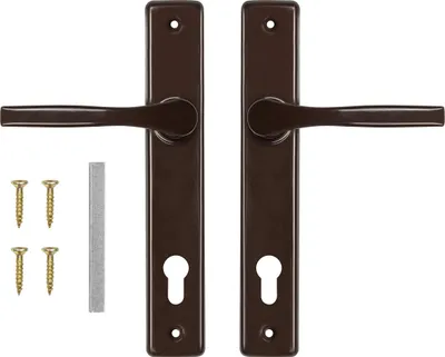 A pair of brown door handles with keyholes and accompanying screws and a metal strip, presented on a white background.