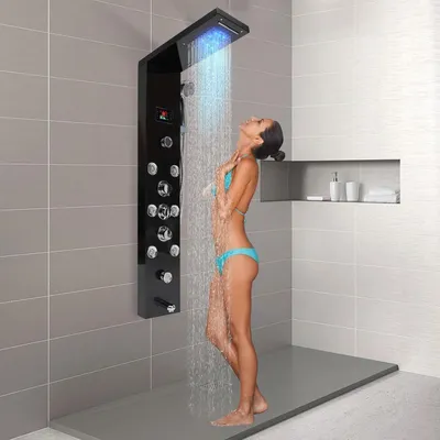 Produktbild von Duschpaneel - Duschsäule - Duschwand - Thermostatarmatur - Regendusche - Edelstahl, schwarz - LED-Temperaturanzeige