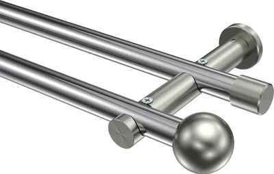 Produktbild von Interdeco Gardinenstange / Vorhangstange Chrom / Edelstahl-Optik, Typ Platon Luino (Kugel) ohne Ringe, 20 mm Ø 2-läufig, 180 cm