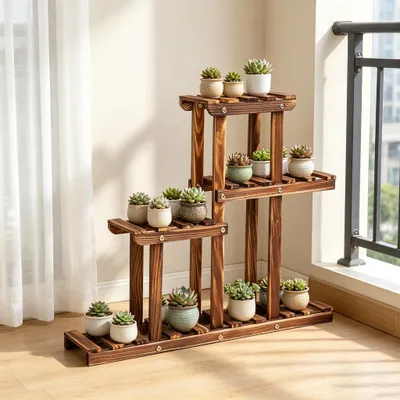 Produktbild von FATIVO Mini Pflanzenregal Holz 4 Ebenen Blumenständer Blumentreppe für Sukkulenten kleine Blumentöpfe Balkon Terrasse Fensterbank 58×11,5×50 cm