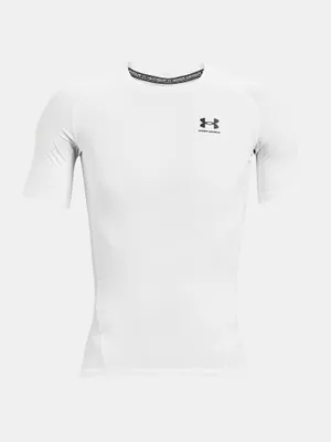 A white short-sleeved t-shirt with a black logo on the chest and black text around the collar, presented on a white background.