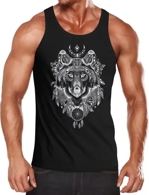 Produktbild von Herren Tank Top Wolf Atzekenmuster Boho Bohamian Atzec Animal Ethnic Neverless® schwarz L