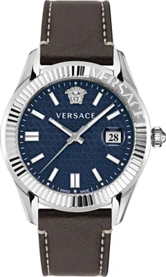 Zdjęcie produktu dla Versace VE3K00122 Greca Time niebieski srebrny brązowy skórzany pasek zegarek męski NOWOŚĆ