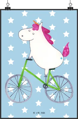 Produktbild von Mr. & Mrs. Panda Bild Einhorn Radfahrer DIN A2 - Blau Pastell - Geschenk, Wandbild, kunstdruck poster, Bike, Unicorn, Rad, drucke, Einhörner, wanddeko, Wanddekoration