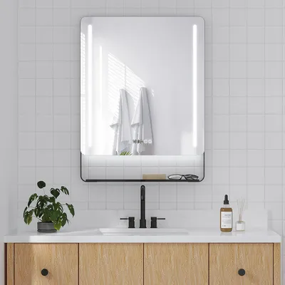 Produktbild von Badspiegel mit Beleuchtung beschlagfrei 60x80 cm, Wandspiegel mit Uhr und Ablage Badezimmerspiegel LED 3 Lichtfarben dimmbar Touch-Schalter