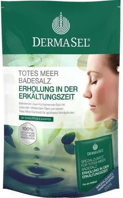 Produktbild von DermaSel GIVE RESPITE DURING COLD SEASON, Badesalz, Grün, Weiblich, Erwachsene, Maris Sal (Dead Sea Salts). Spezialzusatz Erholung in der Erkältungszeit Ölbad: Helianthus..., CE