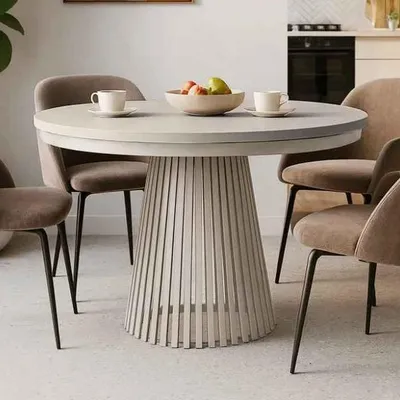 Obrázek produktu pro BEAUTYSOFA | Kulatý rozkládací stůl LUMI, průměr 120–200 cm, jídelní stůl, styl loft, skandinávský, materiál: kašmír/kašmír