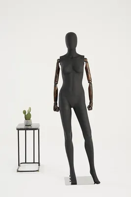 Productafbeelding van Eurotondisplay, zwarte, matte etalagepop voor dames, model F11-8M. Abstracte, eivormige hoofdvorm, houten armen en handen, bewegelijk. RVS metalen plaat