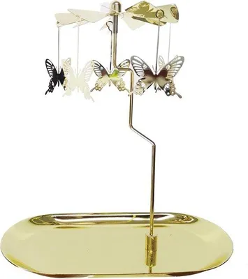 Produktbild von Unyqoos® Rotierender Kerzenhalter – Karussell-Teelicht-Kandelaber aus Metall & Edelstahl, goldenes Tablett mit Schmetterling, H 15 cm, Ø 6,6 inch, Geschenk & Deko