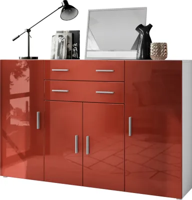 Produktbild von Vladon Highboard Aron Anrichte mit 2 Schubladen und 4 Türen mit insgesamt 8 Fächer dahinter, Weiß matt/Bordeaux Hochglanz (166,5 x 106,5 x 35 cm)