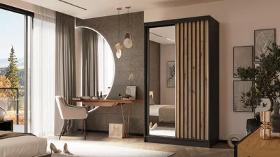 Produktbild von ALTDECOR Kleiderschrank mit Spiegel und Schiebetüren, kugelgelagerte Führungsschienen und Aluminium-Leisten - LAMELO - 120 cm - Schwarz/Artisan/Schwarz