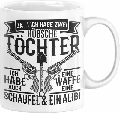 Produktbild von 2 Töchter Tasse Geschenk Papa Vater Geschenkidee Ich Habe Auch Eine Schaufel Und Ein Alibi Geschenke für Vater von Zwei Töchtern (Weiß)