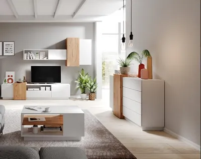 Produktbild von 3D Wohnwand Weiß + Craft Eiche Gold – Kommode + Couchtisch