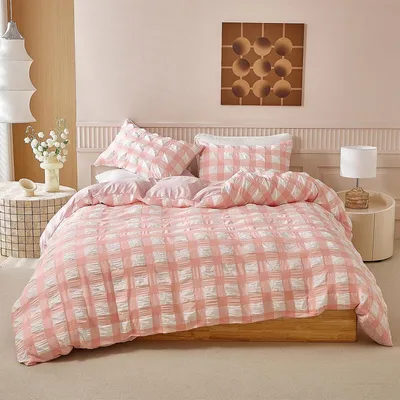 Produktbild von Seersucker Bettwäsche 155x220 cm Rosa Weiß Kariert 3-teilig Mikrofaser mit Reißverschluss