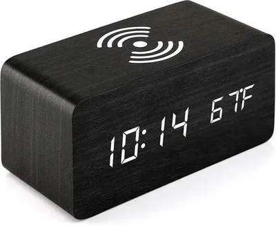Image de Horloge numérique en bois, alarme électronique à LED, recharge sans fil, horloge numérique en bois avec affichage de l'heure et de la température