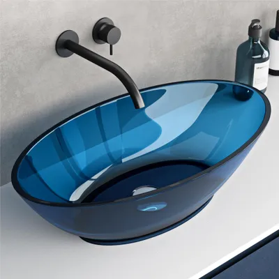 Image de doporro Vasque à Poser Ovale Petit Lave Mains Lavabo 63x34x17cm Bleu en Résine Transparente Salle de Bain WC Invités Coloria02