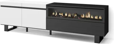 Image de COZY Meuble TV, Banc Télé, 200x35x57cm, Pour les TV jusqu'à 80", Cheminée électrique, Blanc et noir