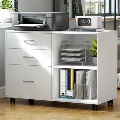 Produktbild von Rollcontainer Bürocontainer Schreibtisch Aktenschrank auf Rollen aus Holz mit 3 Schubladen Abschließbar Weiß Rollcontainer für Büro und Zuhause 79,5 x 40 x 62,5 cm