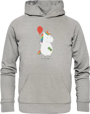 Produktbild von Mr. & Mrs. Panda Bedruckter Hoodie Einhorn Luftballon Größe XL - Heather Grey - Geschenk, Pullover, Sweatshirt, Kapuzenpulli, Geld, Freundin, Einhörner, Hoody, Unicorn