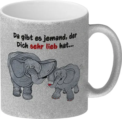 Produktbild von Glitzer-Kaffeebecher zum Thema Liebe mit Elefanten Motiv
