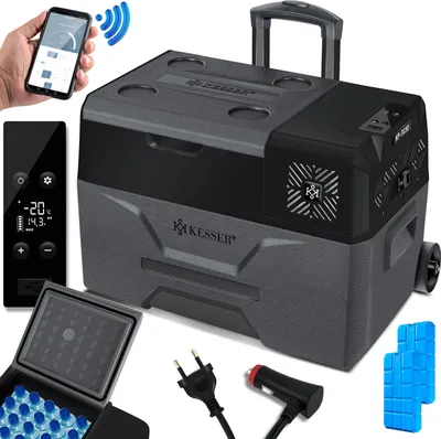 Produktbild von KESSER® Kompressor Kühlbox elektrisch Gefrierbox, Mit APP-Steuerung USB-Anschluss 12/24 V 230V, +Teleskopstange, Kühlakkus Räder Kühlschrank Kühlung bis -20 °C für Auto, Lkw, Boot, Reisemobil, Camping