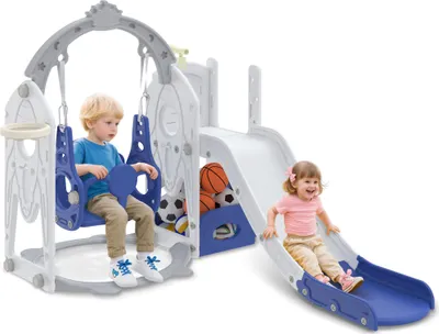 Produktbild von JOIEYOU Freistehende Rutschen 6-in-1 Kinder Gartenrutsche mit Kletterwände, Schaukel, Spielturm, Sandkasten, Fernrohr & Basketballkorb Modular Kunststoff Klettergerüst für Innen & Außen