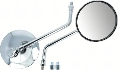A pair of chrome motorcycle mirrors with adapters, displayed against a white background.