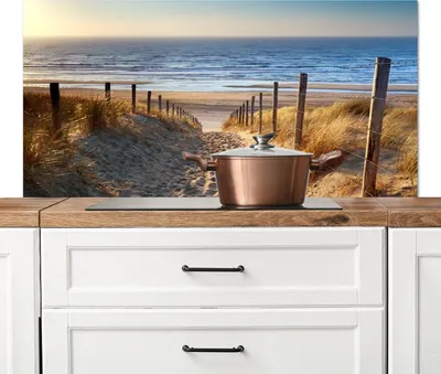 Produktbild von KitchenYeah®  Spritzschutz Küche - Küchenrückwand - Wandschutz für Herd und Spüle - Strand - Meer - Niederlande - Dünen - Sonne 120x60 - Alu-Dibond (Alternative zum Spritzschutz aus Glas) - Hitzebestä