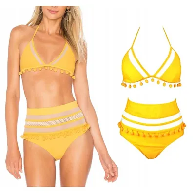 Produktbild von Badeanzug - Zweiteiliger Badeanzug - mit Spitze - Bikini mit Bügeln - Push-up - Gelb - Boho - S
