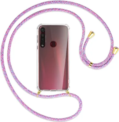 Produktbild von Handykette Backcover-Schutzhülle mit Band (Metall goldfarben) für Motorola Moto G8 Plus - lila/rosa/blau
