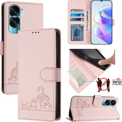 Image de Etui en cuir pour Honor 90 Lite, étui à rabat avec fonction stand et portefeuille Rose