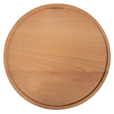 Pizzaplank aus Buchenholz, rund, Ø34 cm, mit Auffangrille