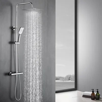 Produktbild von Duschsystem mit Thermostat, Duschset mit 25 * 25cm Quadratisch Regendusche, 3 Strahlarten Handbrause und 81-117cm Einstellbar Duschstangen Chrom