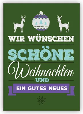 Produktbild von 4x Edle Typografische Weihnachtskarte mit Hirschen auf grün: Wir wünschen schöne Weihnachten und ein gutes Neues