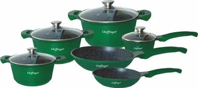 Produktbild von 10-Teiliger Kochgeschirr-Set Topf Induktion Alu Guss Pfanne Topfset Kochtopfset Marmor  Grün