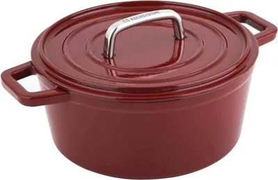 Produktbild von Carl Schmidt Sohn Gusseisen/Gussaluminium Kochtopf, Rot, Ø 20 cm (Boden 16 cm Ø), 10 cm hoch, 2,4 L, Antihaftbeschichtung, induktionsgeeignet, mit Deckel, Tropffunktion, Serie Alpen