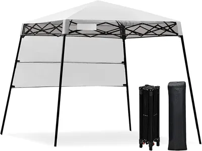A white pop-up canopy tent is shown fully assembled, with its folded frame and carrying bag displayed to the right.