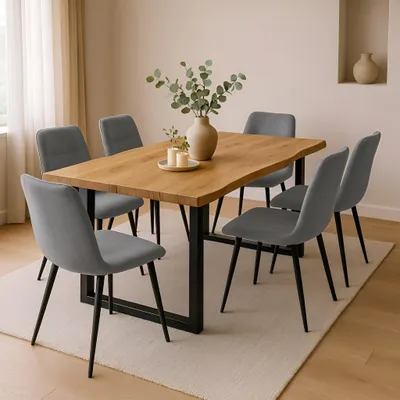 Produktbild von Casa Massiva, Essgruppe, Wildeiche-Optik, Grau, 160 x 85 cm, 7-teilig, Modern Industriell, gefräste Baumkante, ergonomische Form, pflegeleichter Stoffbezug, hohle Leichtbauweise, flexibel montierbares Gestell