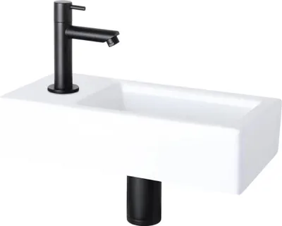Image de Differnz Helios lavabo - vasque à poser 37,5x18,5x9,5 cm avec robinet à gauche - vasque salle de bain en céramique blanche - lavabo noir mat avec poignée standard